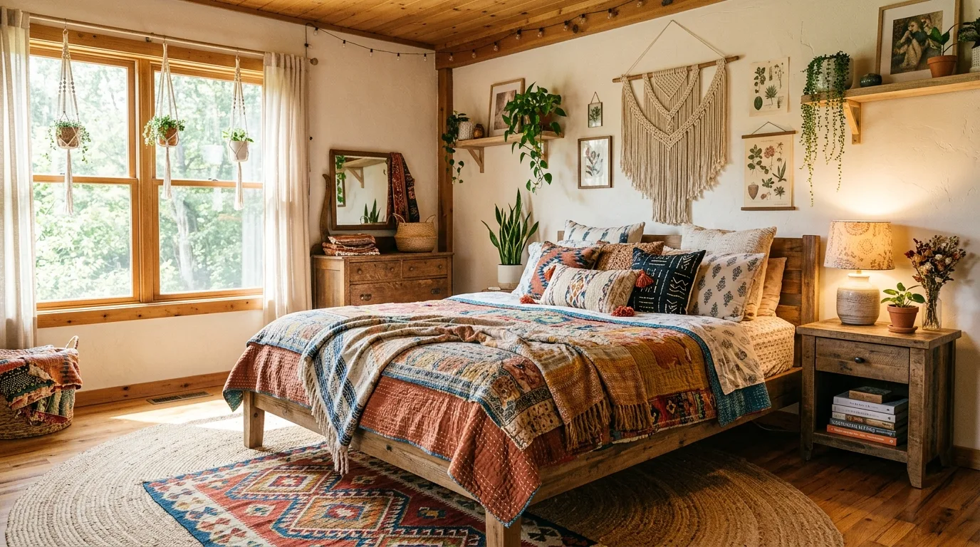 Mix patterned pillows with a more edited eye inspiration for a boho bedroom.